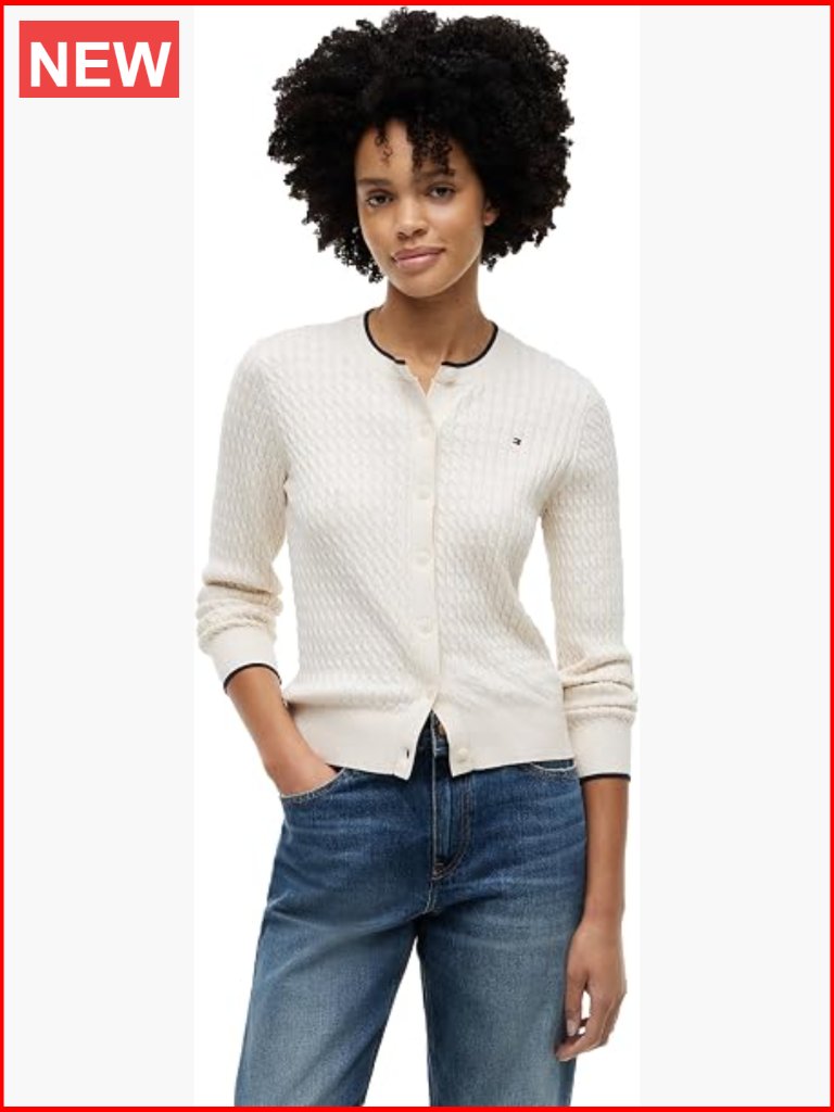 Cable Knit Crew Neck Cardigan Sweater Long Sleeve Button Down